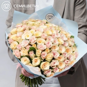 Букет из 101 кремовой и нежно-розовой розы 30 см (Кения) в голубой пленке