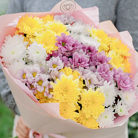 Букет из 11 кустовых хризантем микс в розовой пленке