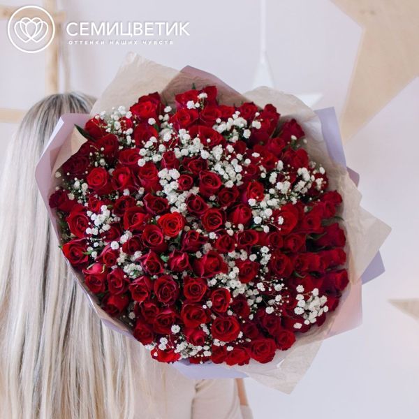 Букет из 101 красной розы 40 см (Кения) с белой гипсофилой
