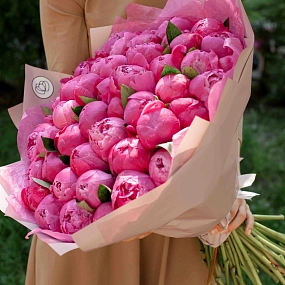 Букет из 51 ярко-розового пиона Premium в розовой пленке