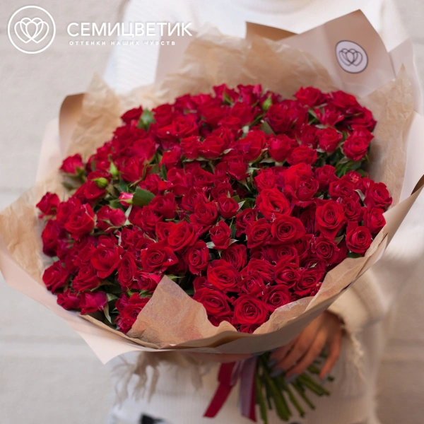 Букет из 51 красной кустовой розы 40 см (Кения) в бордовой пленке